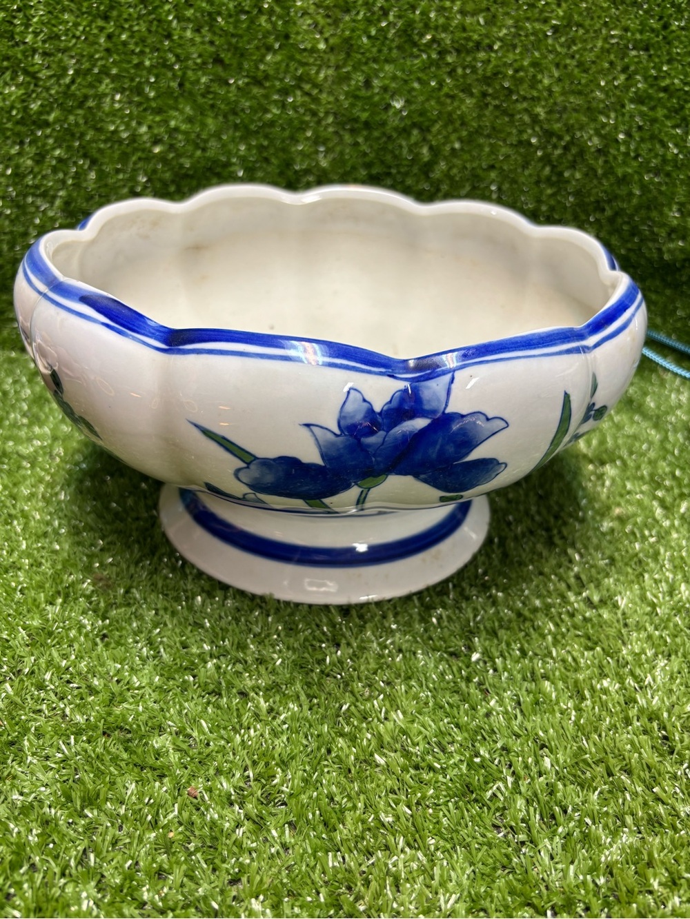 Blue Floral Ceramic Footed Bowl - Home Art